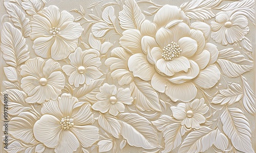 Wallpaper Mural 3D floral wall decor, embossed flowers, leaves, and pearl accents Torontodigital.ca