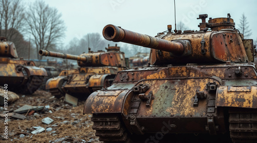 Rusty abandoned tanks in a scrapyard