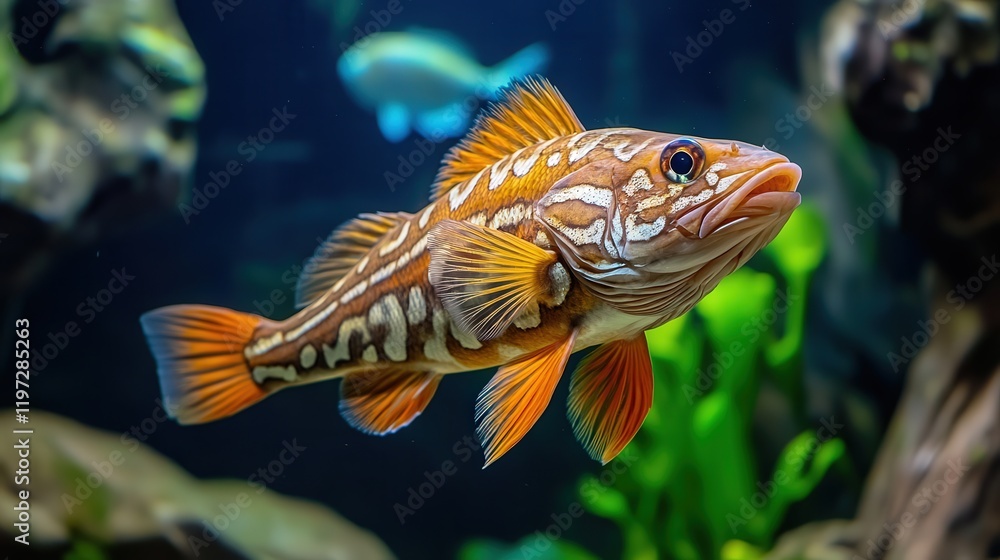 Fototapeta premium Vibrant Colorful Fish Swimming Gracefully in a Clear Glass Aquarium with Lush Green Plants Creating a Peaceful Underwater Environment and Habitat
