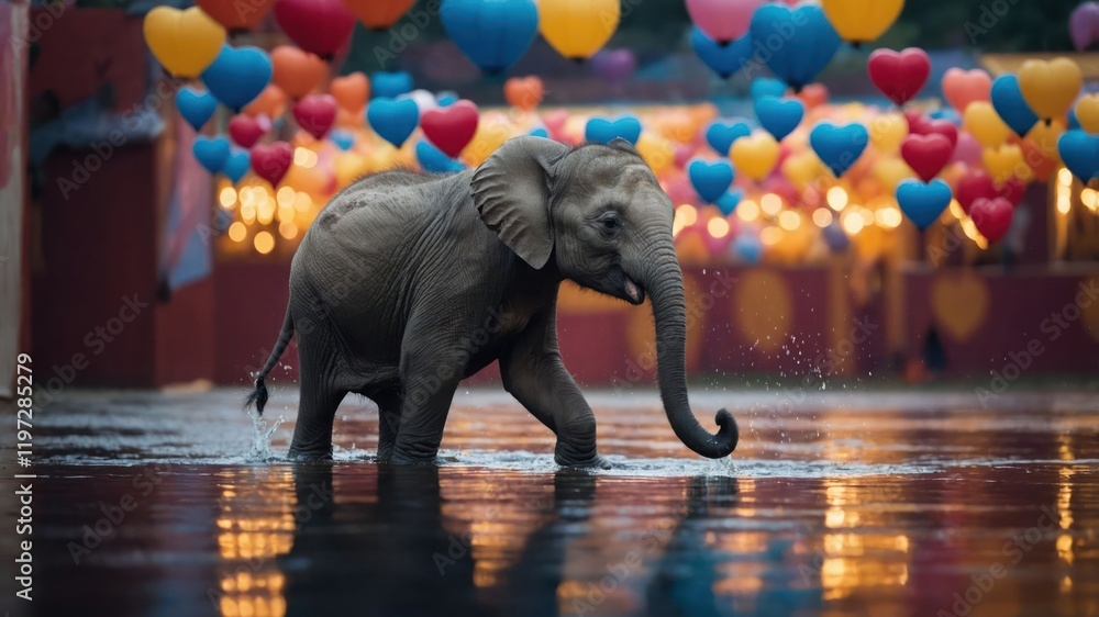 Fototapeta premium An elephant walks through water under colorful heart-shaped decorations.