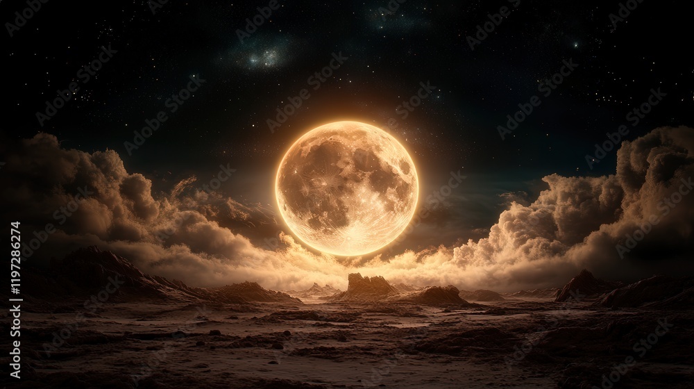 Naklejka premium Radiant Full Moon Illuminating a Tranquil Snowy Landscape at Night Creating a Magical and Serene Atmosphere in a Winter Wonderland Setting