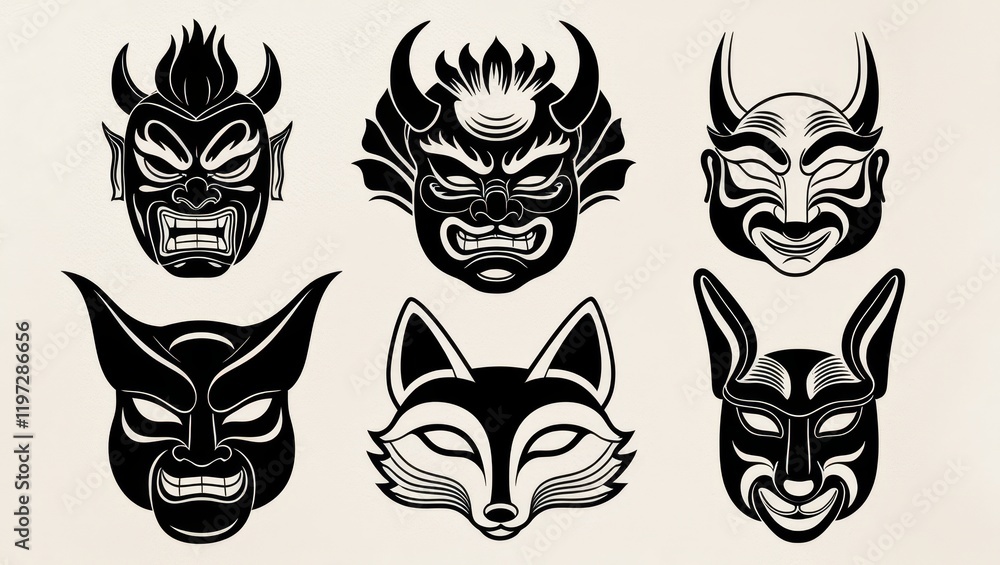 Six Traditional Japanese Oni and Animal Masks Black and White Graphic Design