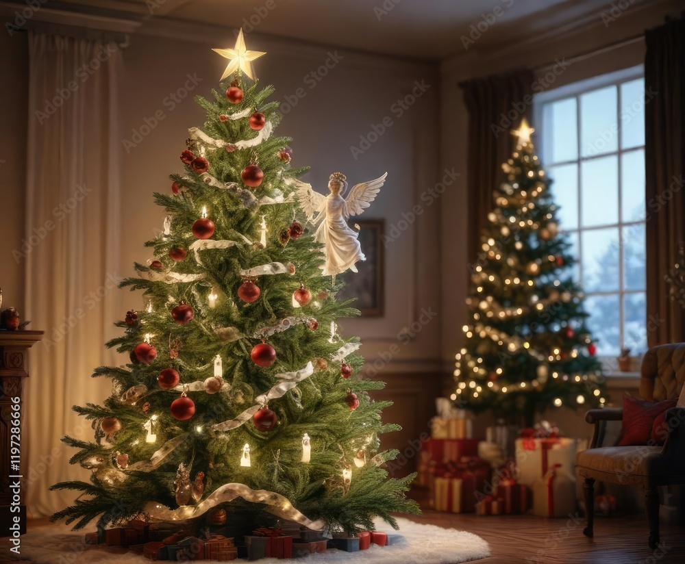 A beautifully decorated Christmas tree with a angel on top, festive decoration, christmas tree A beautifully decorated Christmas tree with a angel on top, festive decoration, christmas tree