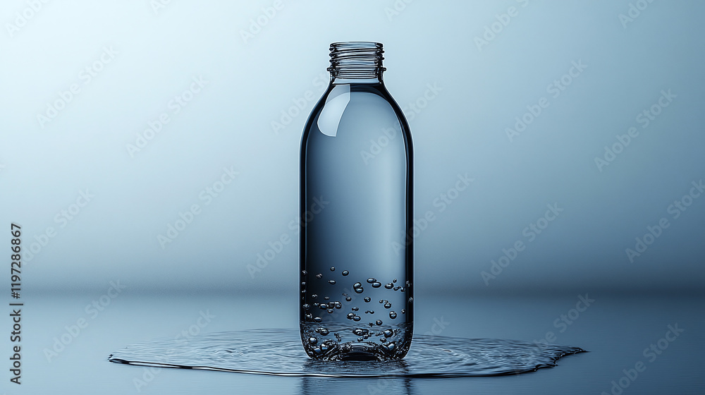 sleek, ultra modern water bottle stands prominently against serene backdrop, surrounded by gentle pool of water, evoking sense of freshness and purity sleek, ultra modern water bottle stands prominently against serene backdrop, surrounded by gentle pool of water, evoking sense of freshness and purity
