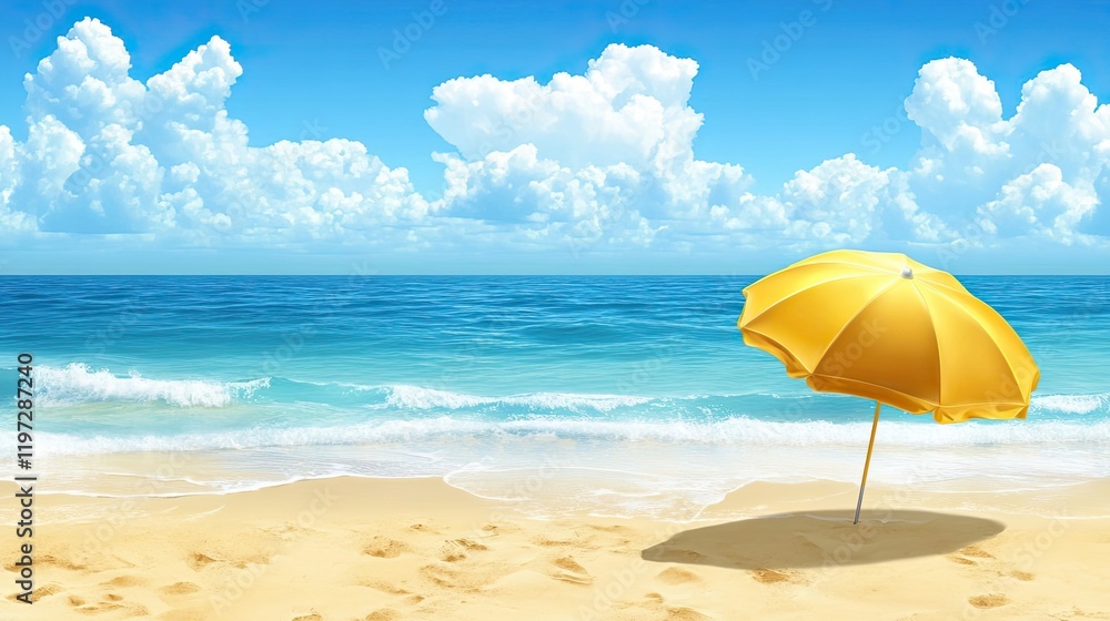 Yellow umbrella on a sunny beach with blue ocean Yellow umbrella on a sunny beach with blue ocean