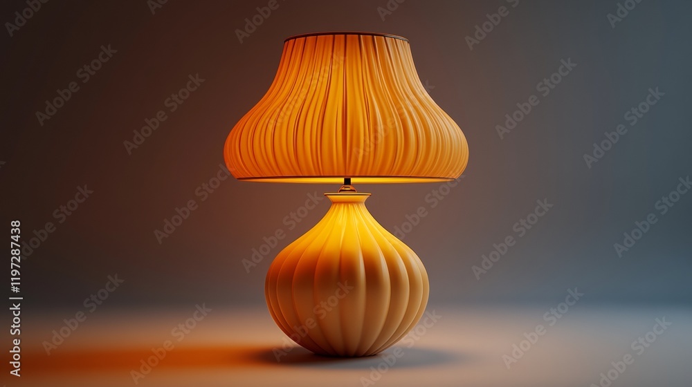 Illuminated pleated lampshade table lamp with a ceramic base casting warm light on a neutral background. Illuminated pleated lampshade table lamp with a ceramic base casting warm light on a neutral background.