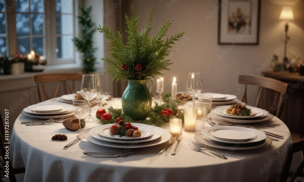 A beautifully set table with Christmas Eve dinner and a vase of evergreen branches, fine china, evergreen branches A beautifully set table with Christmas Eve dinner and a vase of evergreen branches, fine china, evergreen branches