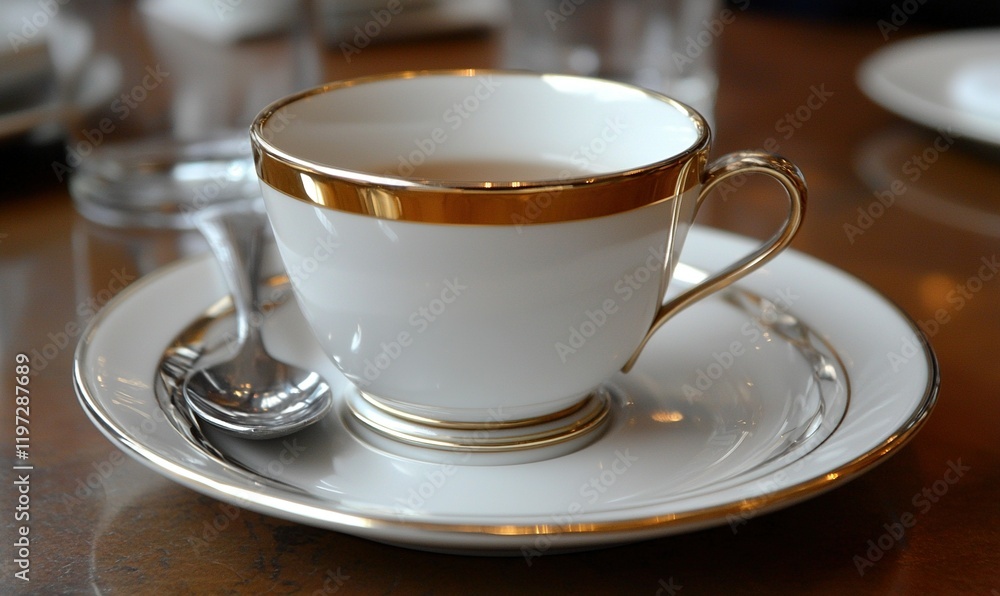 Elegant teacup with saucer and spoon on table, blurred background suggests cafe or restaurant setting Elegant teacup with saucer and spoon on table, blurred background suggests cafe or restaurant setting