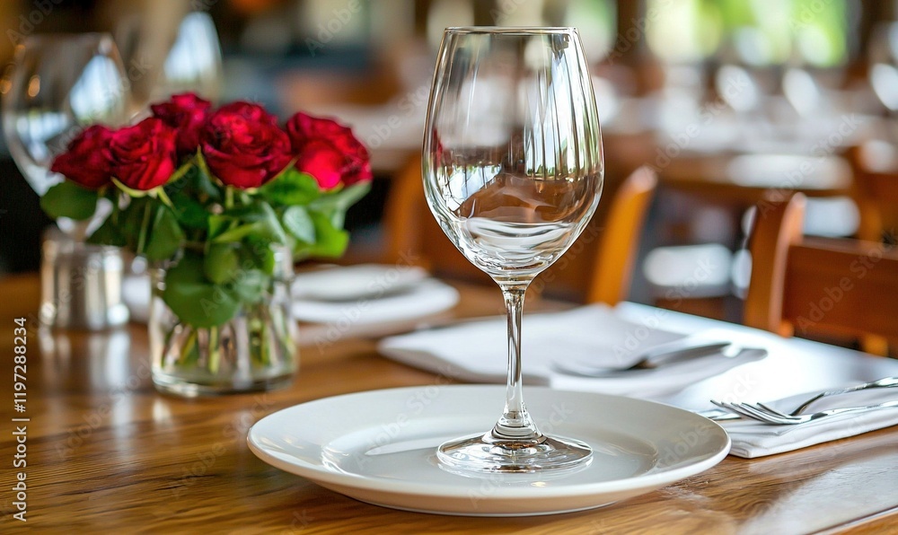 Fototapeta premium Empty wine glass on restaurant table with roses, ready for dining
