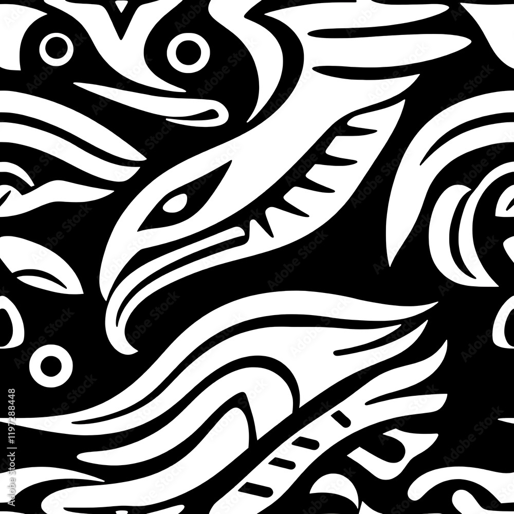 Obraz premium Eagle Pattern: Abstract Black and White Seamless Eagle Design. A bold graphic design featuring stylized eagle heads and feathers in a repeating pattern. Perfect for fabric, wallpaper.
