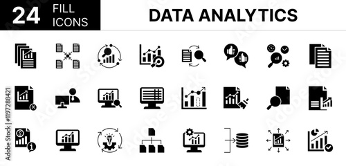 Collection of 24 Data analytics fill icons featuring editable strokes. These outline icons depict various modes of Data analytics, Accurate business chart classification, cleaning, 