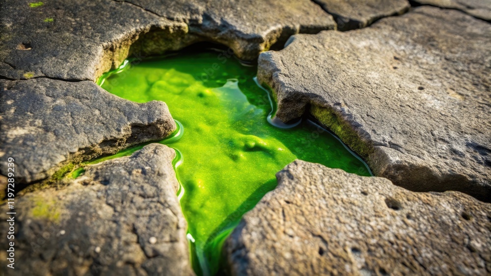 A green slimy substance oozes out of a crack in the rock, mineral deposits, geological formations, rock cracks A green slimy substance oozes out of a crack in the rock, mineral deposits, geological formations, rock cracks