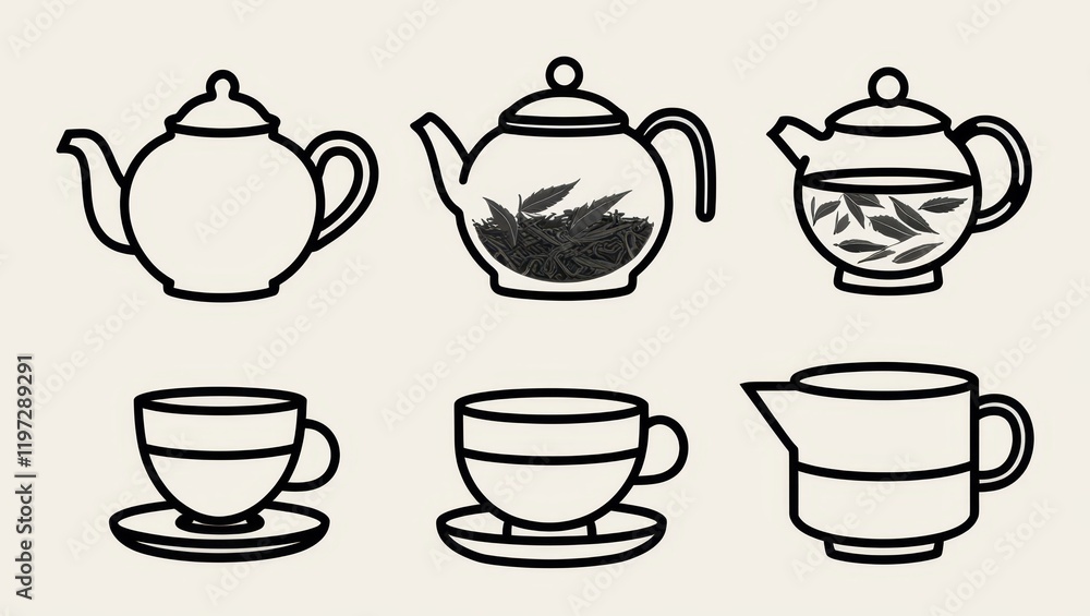 Simple Line Art Illustration of Tea Brewing Process Teapot Teacup and Creamer Simple Line Art Illustration of Tea Brewing Process Teapot Teacup and Creamer