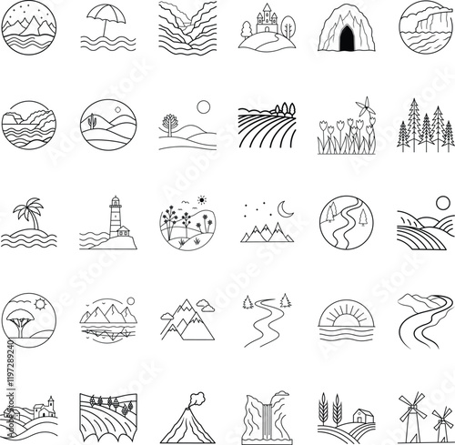 Nature Landscape Icons Mountains, Seascapes, and Farmlands Line Art