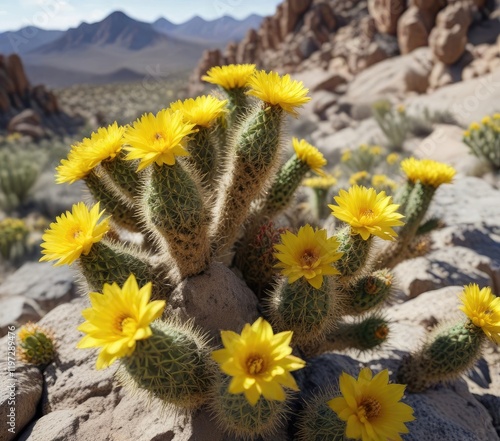 A group of cholla cacti burst into vibrant bloom with delicate yellow flowers against the gray rock face , bloom, cholla, succulentlife photo