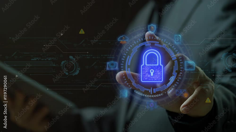 Cyber security concept, cybersecurity, secure access to user's personal information for lock and security system. Businessman shows glowing neon line of cyber security icon on virtual screen. Cyber security concept, cybersecurity, secure access to user's personal information for lock and security system. Businessman shows glowing neon line of cyber security icon on virtual screen.