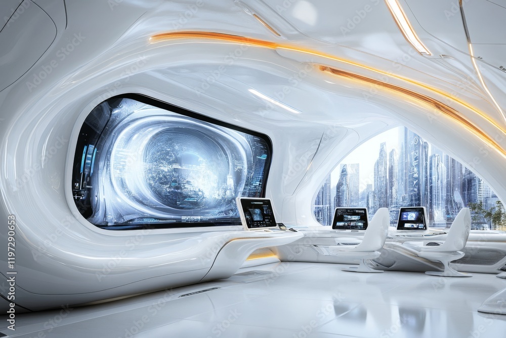 A realistic rendering of a futuristic office workspace, with sleek furniture, glowing screens, and detailed textures A realistic rendering of a futuristic office workspace, with sleek furniture, glowing screens, and detailed textures