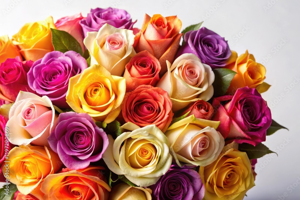 Obraz premium A bouquet of assorted colorful roses in various shades of pink, yellow, orange, and purple, arranged artfully on a white background, roses, purple, flowers