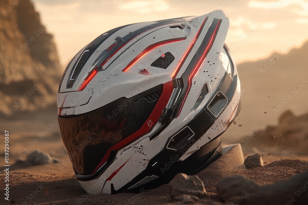Fototapeta premium A minimalist concept of a broken helmet lying on the ground, with simple, sharp lines and muted colors