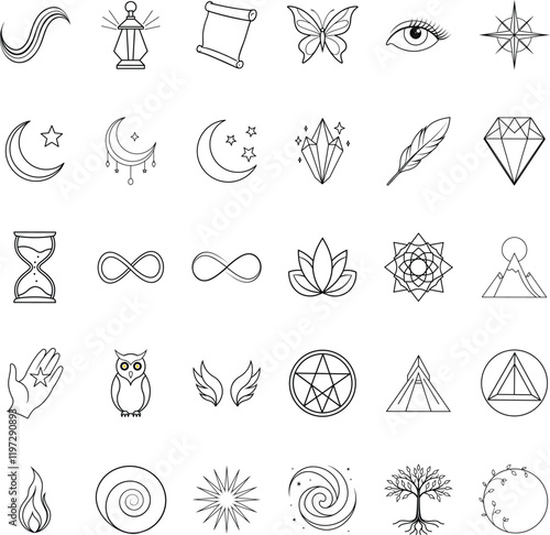 Mystical Line Art Symbols Tattoo Designs, Spiritual Icons, Geometric Patterns