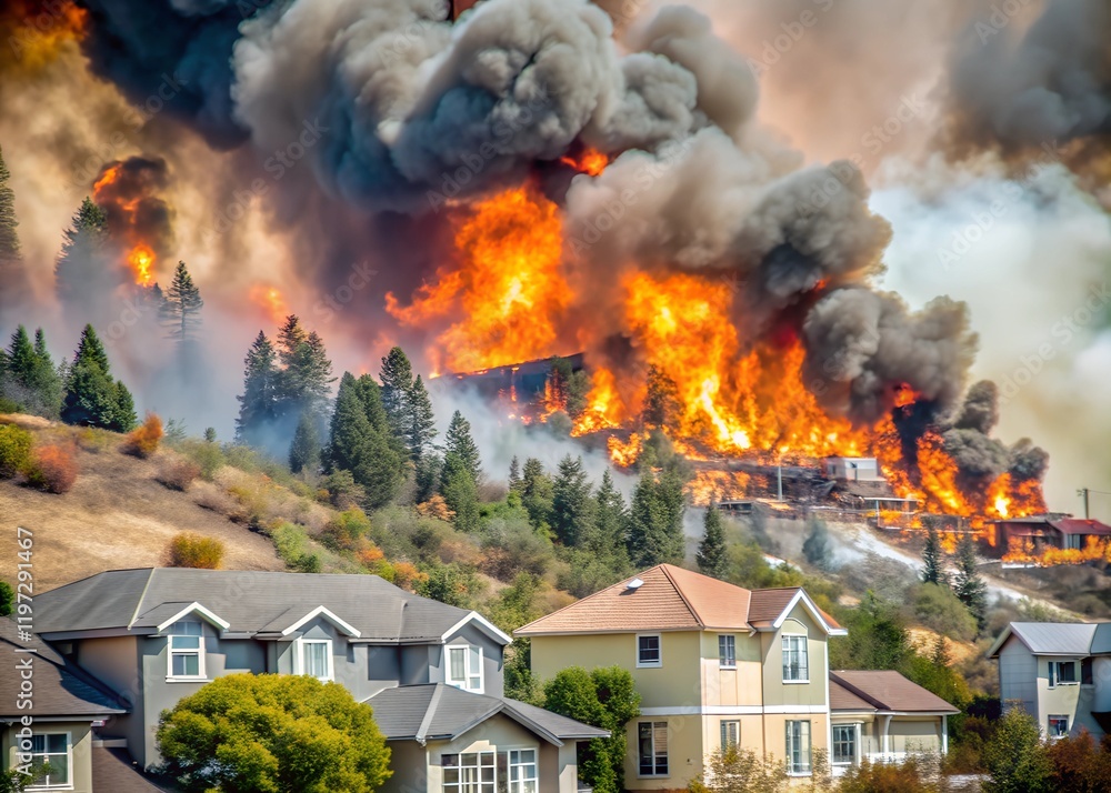 Fototapeta premium Raging Wildfire Threatens Forested Hillside and Nearby Homes – Intense Flames and Smoke in Dramatic Natural Disaster Scene.