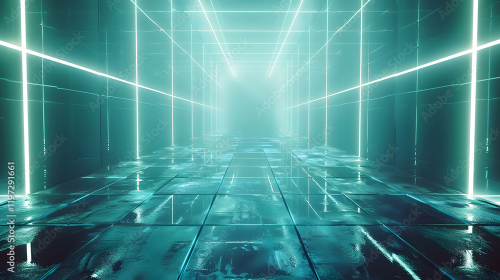 Futuristic Neon Hallway with Reflections and Glowing Lights Futuristic Neon Hallway with Reflections and Glowing Lights