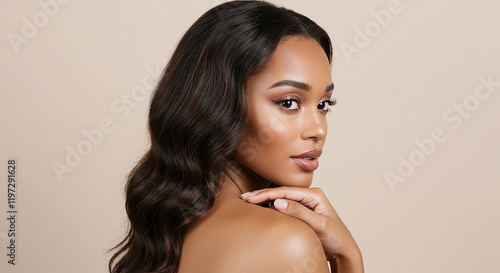 Gorgeous Woman with Long Wavy Brunette Hair Tan Skin and Natural Makeup