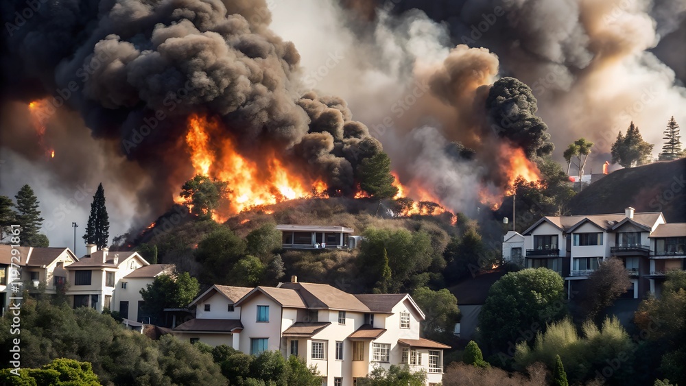 Raging Wildfire Threatens Forested Hillside and Nearby Homes – Intense Flames and Smoke in Dramatic Natural Disaster Scene. Raging Wildfire Threatens Forested Hillside and Nearby Homes – Intense Flames and Smoke in Dramatic Natural Disaster Scene.