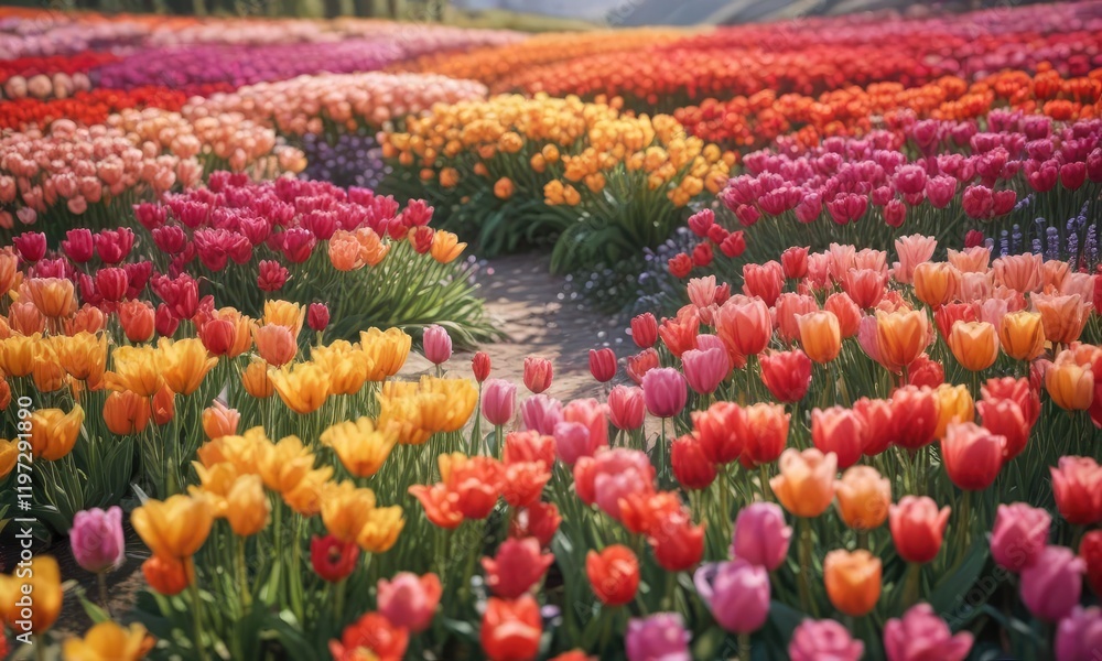 A kaleidoscope of tulip hues - from soft pastels to bold brights - create a breathtaking visual effect in this stunning landscape, landscape, garden, multicolored tulips A kaleidoscope of tulip hues - from soft pastels to bold brights - create a breathtaking visual effect in this stunning landscape, landscape, garden, multicolored tulips
