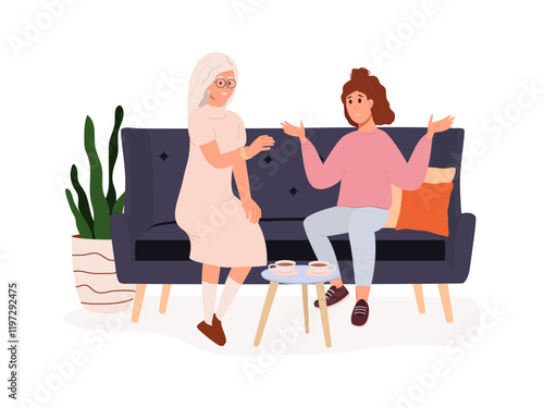 Coaching or therapeutic session. An experienced adult woman helps a young girl to solve her problems. People are sitting on a couch and talking. Vector illustration on white background