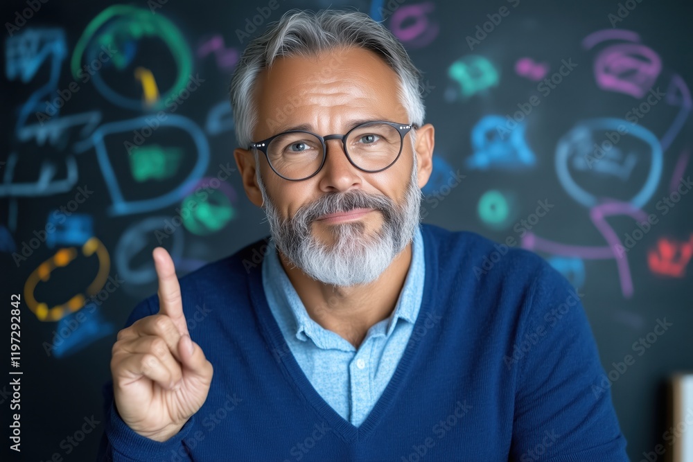 Business professional sharing insights at a modern workspace with colorful chalkboard background Business professional sharing insights at a modern workspace with colorful chalkboard background