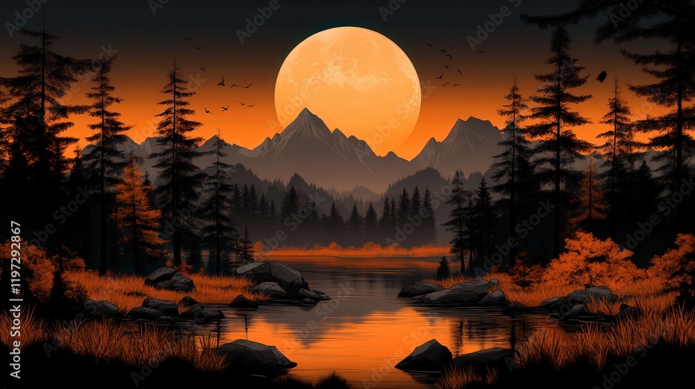Moonlit Lake Scene with Radiant Full Moon Reflecting on Calm Water Surrounded by Lush Trees Creating a Tranquil and Enchanting Night Landscape Moonlit Lake Scene with Radiant Full Moon Reflecting on Calm Water Surrounded by Lush Trees Creating a Tranquil and Enchanting Night Landscape
