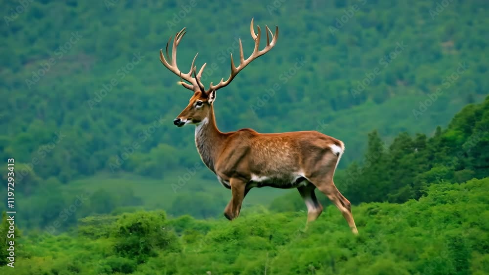 Red Deer Male walking in a green nature background. Noble deer Stag Portrait in a Scenic Backdrop. Wild atmosphere in a wildlife park. Cervus elaphus. Elk in Mountain Forest. Natural parkland. Red Deer Male walking in a green nature background. Noble deer Stag Portrait in a Scenic Backdrop. Wild atmosphere in a wildlife park. Cervus elaphus. Elk in Mountain Forest. Natural parkland.