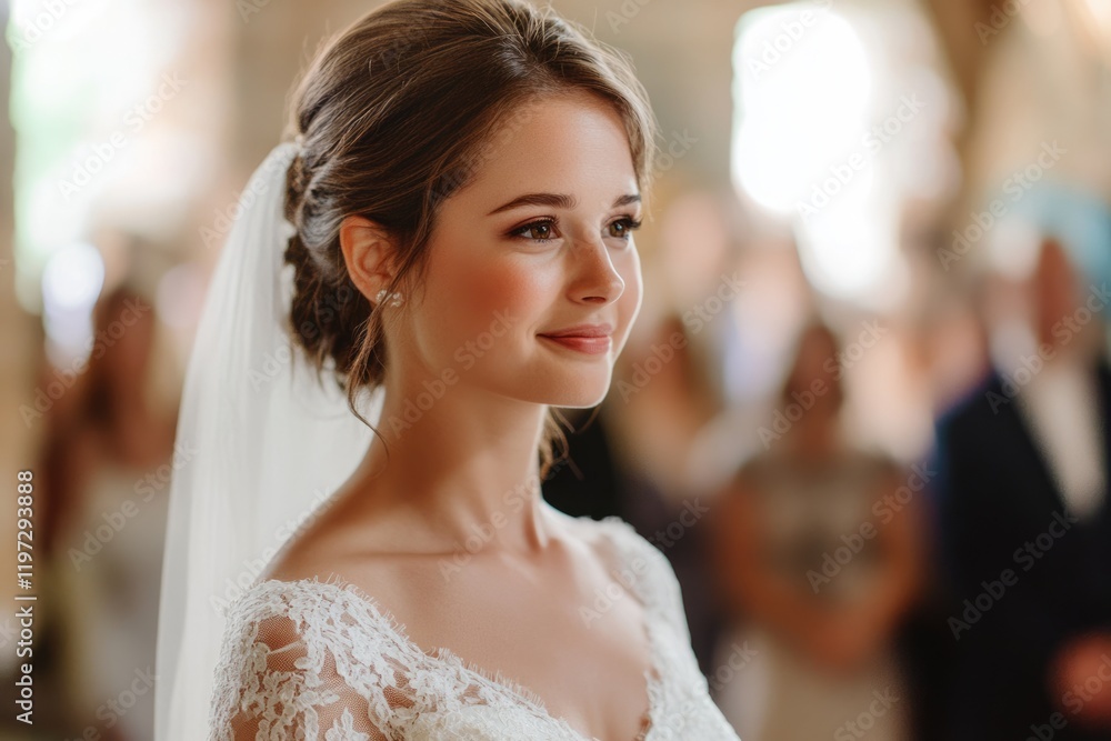 Naklejka premium Elegant Bride in a White Dress Radiates a Beautifully Solemn Aura at Her Wedding Celebration