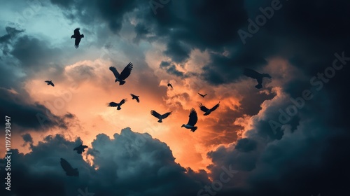 Menacing Vultures Soaring in Cloudy Sky: A Dramatic Encounter with Nature's Scavengers