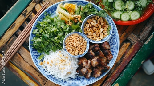 A delightful plate of Vietnamese bun cha, grilled pork served with rice noodles, fresh herbs photo