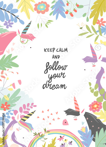 Cute magic frame composed of unicorns and flowers. Vector illustration