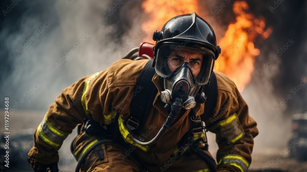 Fototapeta premium An intense portrait of a firefighter battling flames, wearing a fire-resistant suit and helmet, smoke and fire in the background, heroic atmosphere