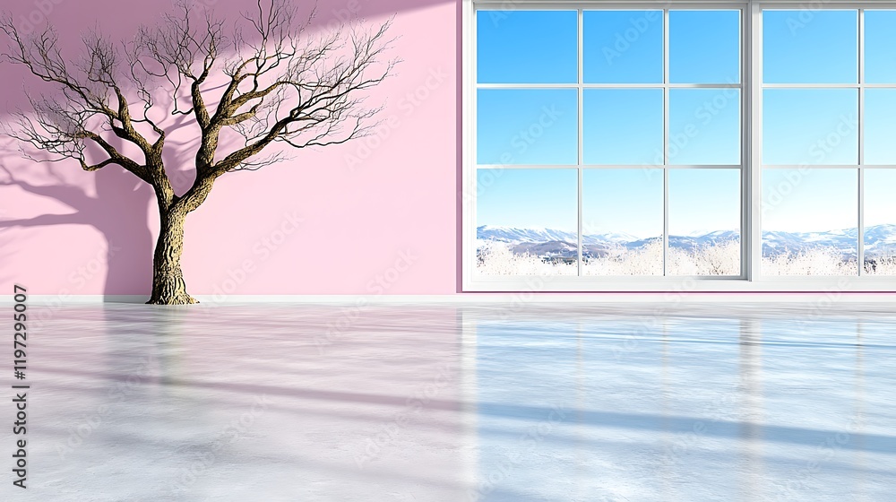 Pink Room Bare Tree Winter Landscape View Pink Room Bare Tree Winter Landscape View