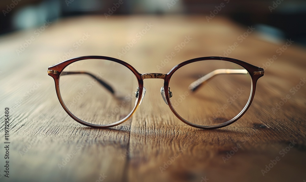 Round glasses on a wooden table, close-up view, ideal for vision or education themes Round glasses on a wooden table, close-up view, ideal for vision or education themes