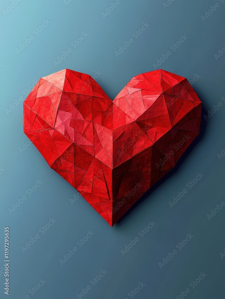 CÅur rouge en origami isolé sur fond bleu, espace vide pour du texte CÅur rouge en origami isolé sur fond bleu, espace vide pour du texte