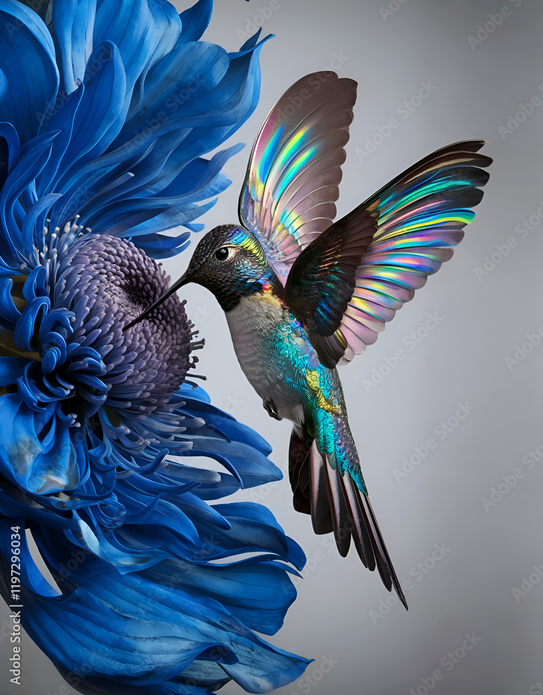 beautiful colorful hummingbird flying under blue flower. close up. Digital artwork. Ai generated