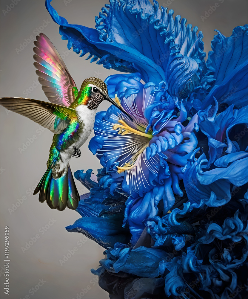 beautiful colorful hummingbird flying under blue flower. close up. Digital artwork. Ai generated