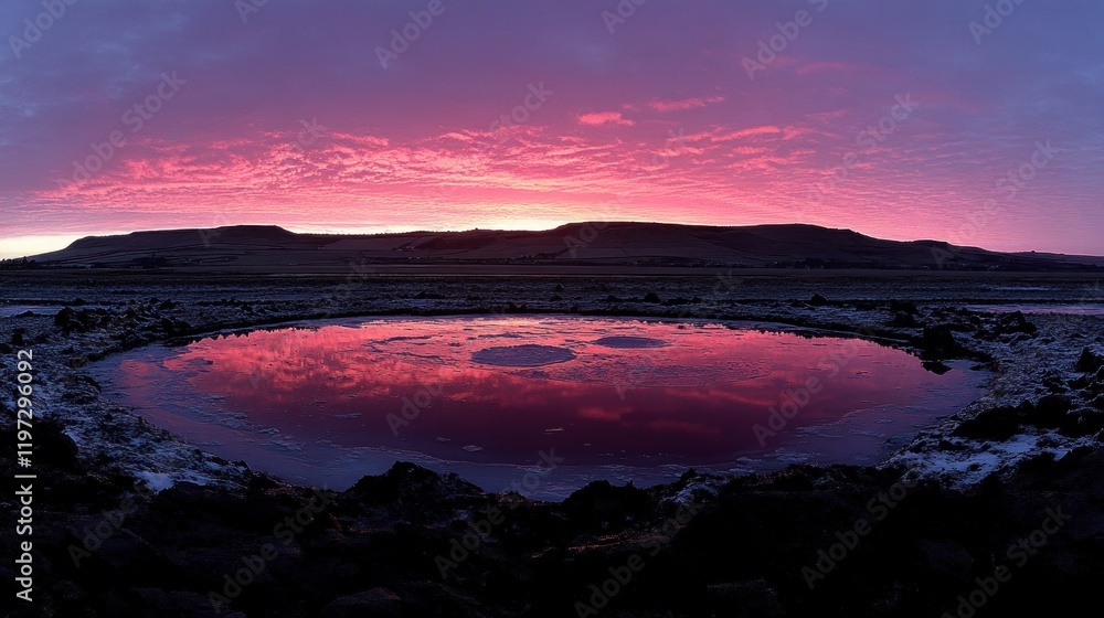 Vibrant pink sunset reflected in a still, round pond, surrounded by dark rocks and flat land. Vibrant pink sunset reflected in a still, round pond, surrounded by dark rocks and flat land.