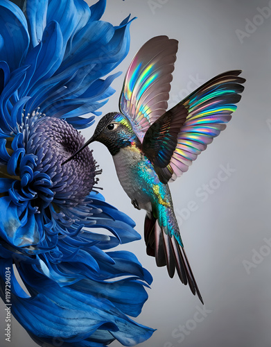 Obraz na płótnie beautiful colorful hummingbird flying under blue flower. close up. Digital artwork. Ai generated w salonie
