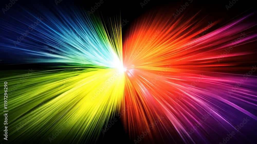 Vibrant explosion of colors and light creates dynamic, abstract design, showcasing energetic spectrum that evokes creativity and visual energy.