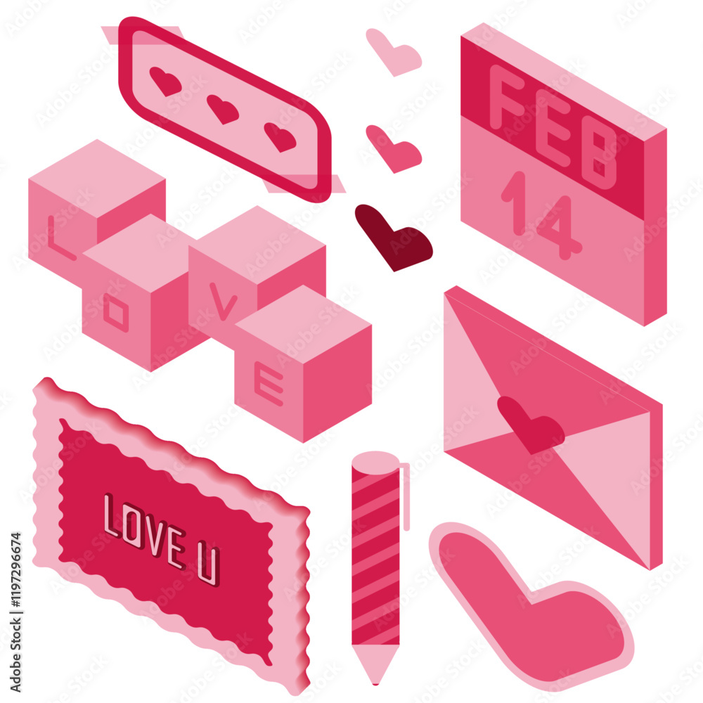 Set of isolated isometric Valentine elements on transparent background Set of isolated isometric Valentine elements on transparent background