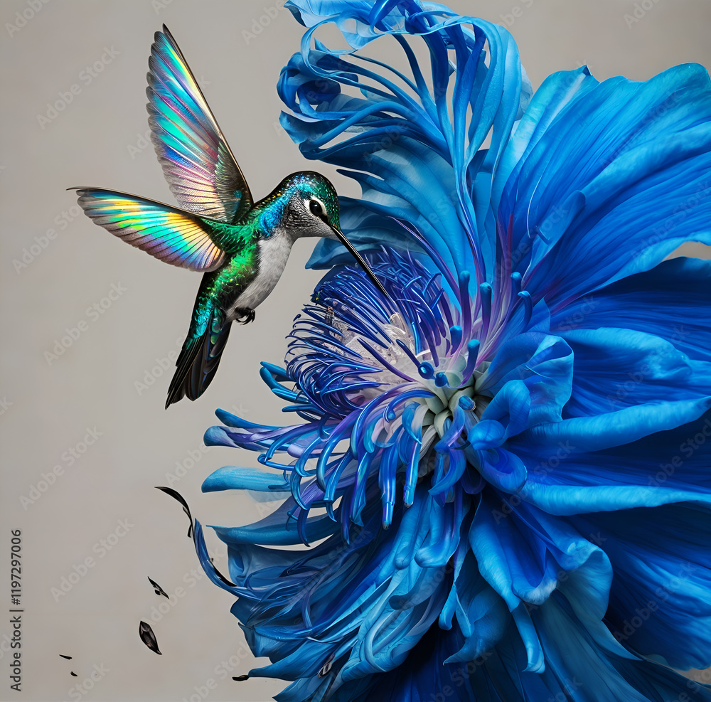 beautiful colorful hummingbird flying under blue flower. close up. Digital artwork. Ai generated