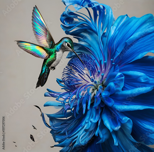 Obraz na płótnie beautiful colorful hummingbird flying under blue flower. close up. Digital artwork. Ai generated w salonie