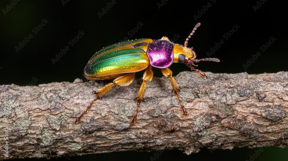 Jewel beetle on branch, rainforest background, nature macro photography, wildlife stock image Jewel beetle on branch, rainforest background, nature macro photography, wildlife stock image